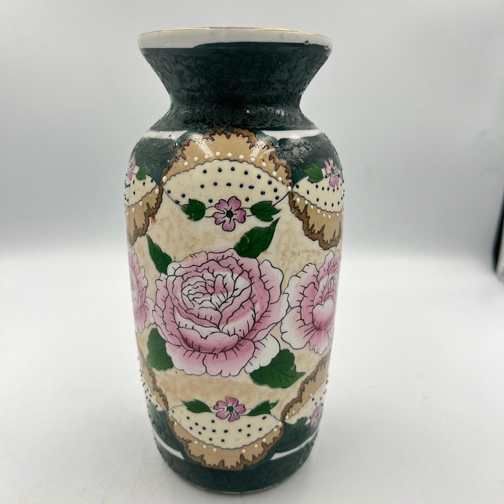 Vintage Hand Painted Cabbage Rose Ceramic Vase Gold Trim Crackle Glaze Cottage